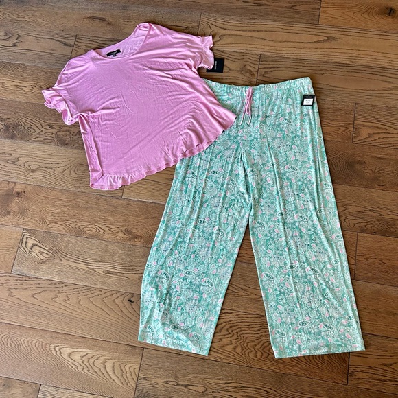 NWT! ELLEN TRACY 2-Pc.Solid Top & Floral Pants Sleep Set Pink/green multi sz XL - Picture 5 of 14